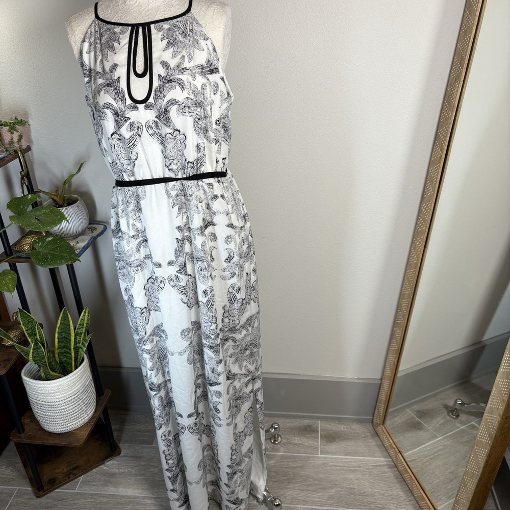 Chicos Women L/12 Black White Floral Maxi Dress Boho Chic Lined Belted Slit
